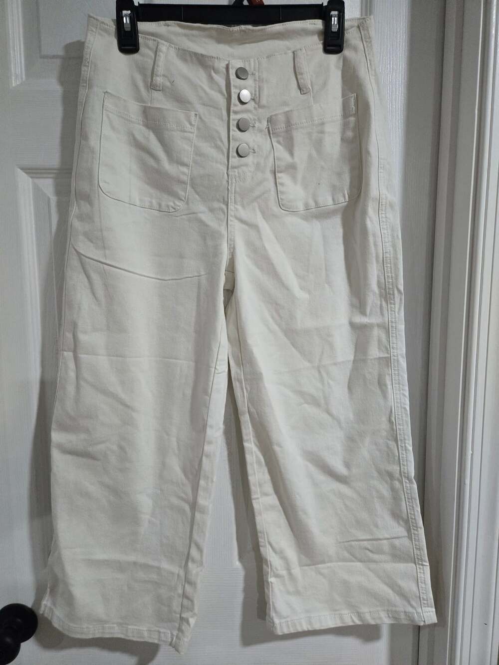 Free People Wide Leg Pants Size 10-Short White Denim Button Fly